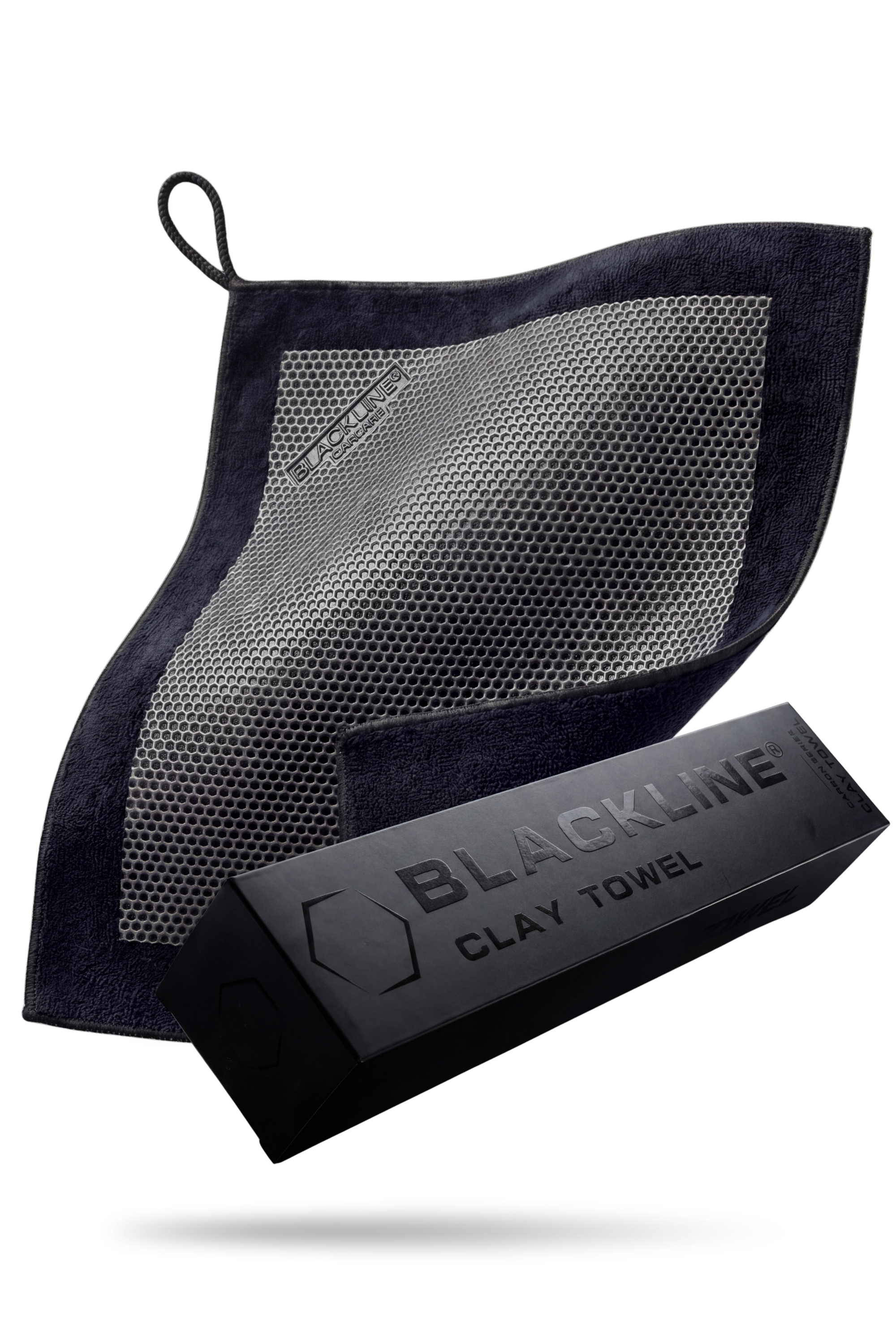 Blackline clay towel with a label on a transparent background
